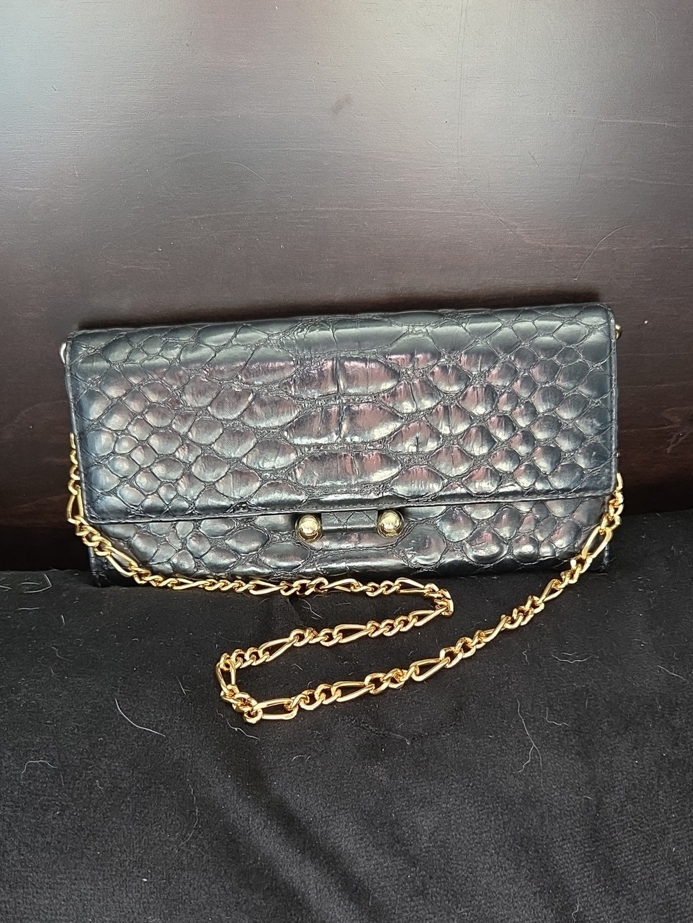 Rare Vintage MCM München Black Croc-Embossed Leather Wallet on Chain (WOC)